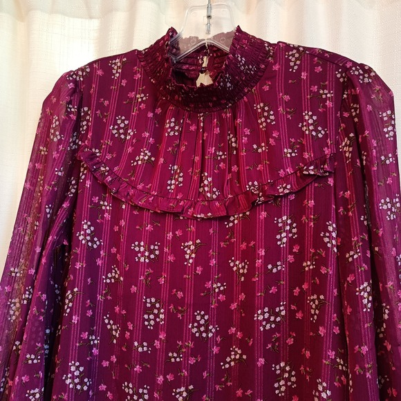 Cece Women's Long Sleeve Mock‎ Neck Purple Floral Print Smocked Dress Size S - Picture 2 of 6